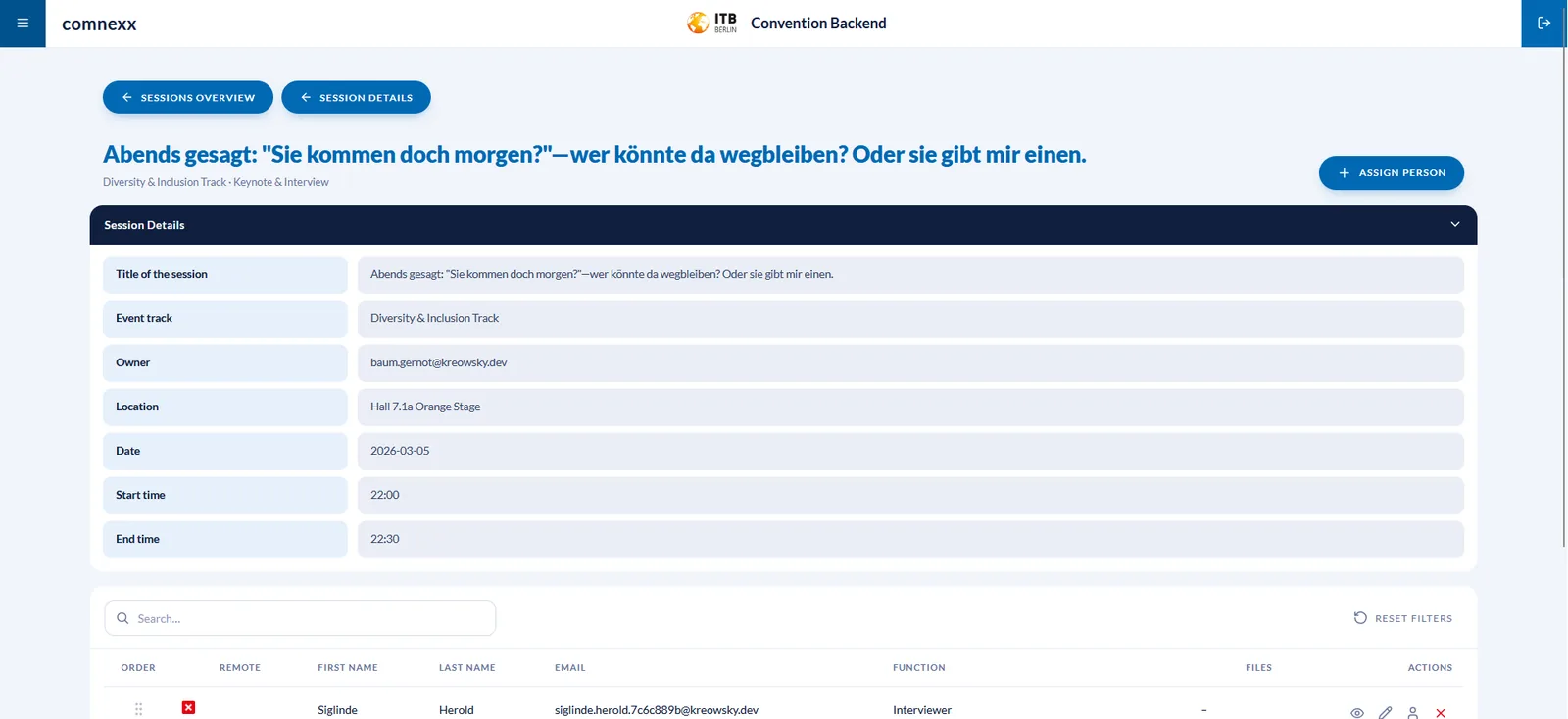 Session-Detailseite mit Stammdaten, Location, Zeiten und zugeordneten Personen