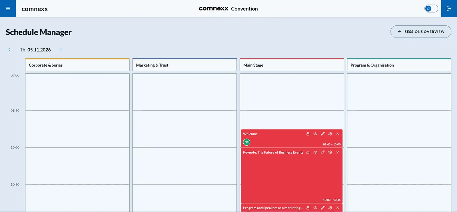 Schedule Manager zur visuellen Planung von Sessions pro Tag und Location