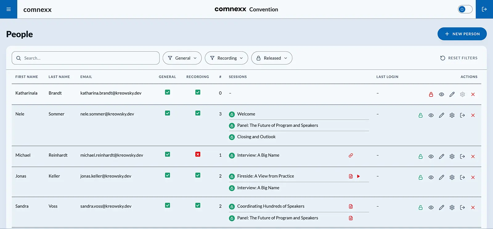 Speaker-Management mit Consent-Status, Session-Zuordnung und letztem Login
